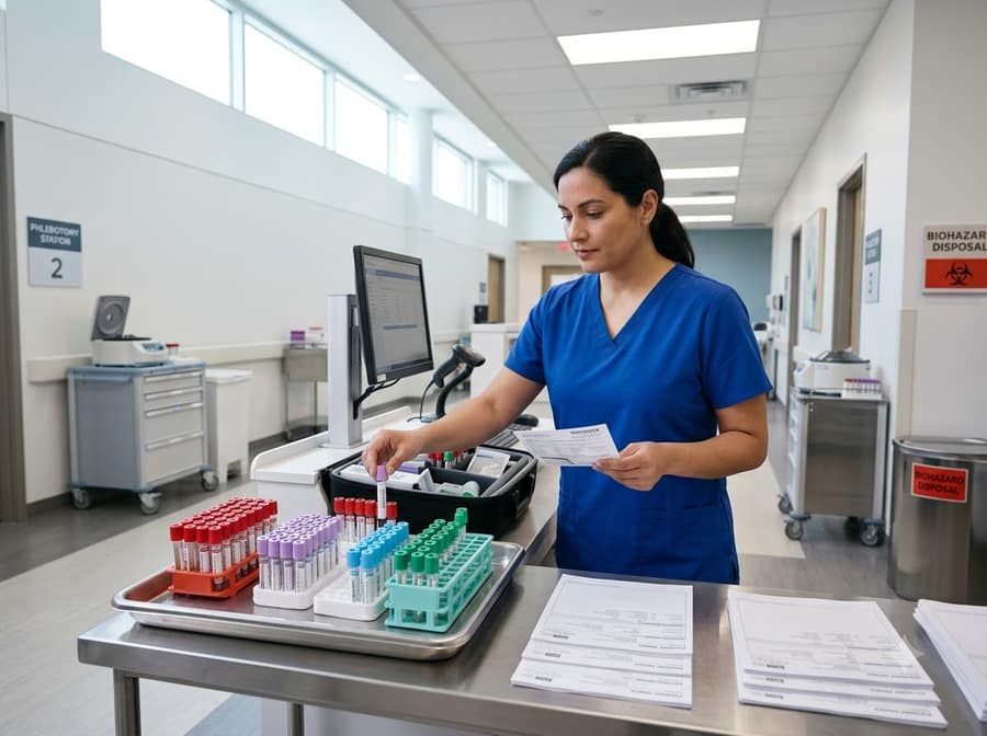 Phlebotomist organizing collection tubes at a lab station